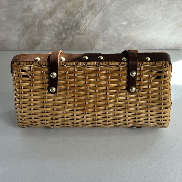 Vintage Wicker Handbag Leather Double Strap Twist Lock Brown Woven Hong Kong - Picture 8 of 13